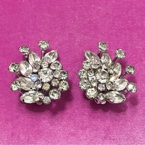 Vintage Signed Sherman Rhinestone Flower Clip On Earrings